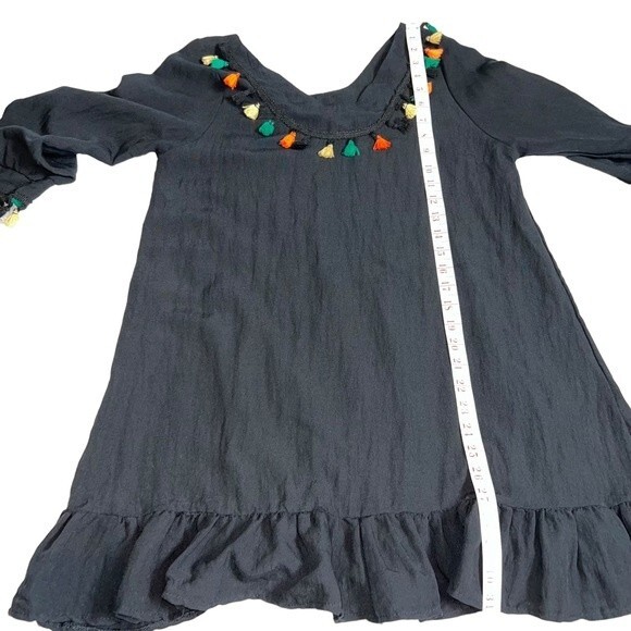 a Shappe Black Boho Tunic Top Blouse Small/Medium Tassels Green Yellow Orange - Picture 8 of 9